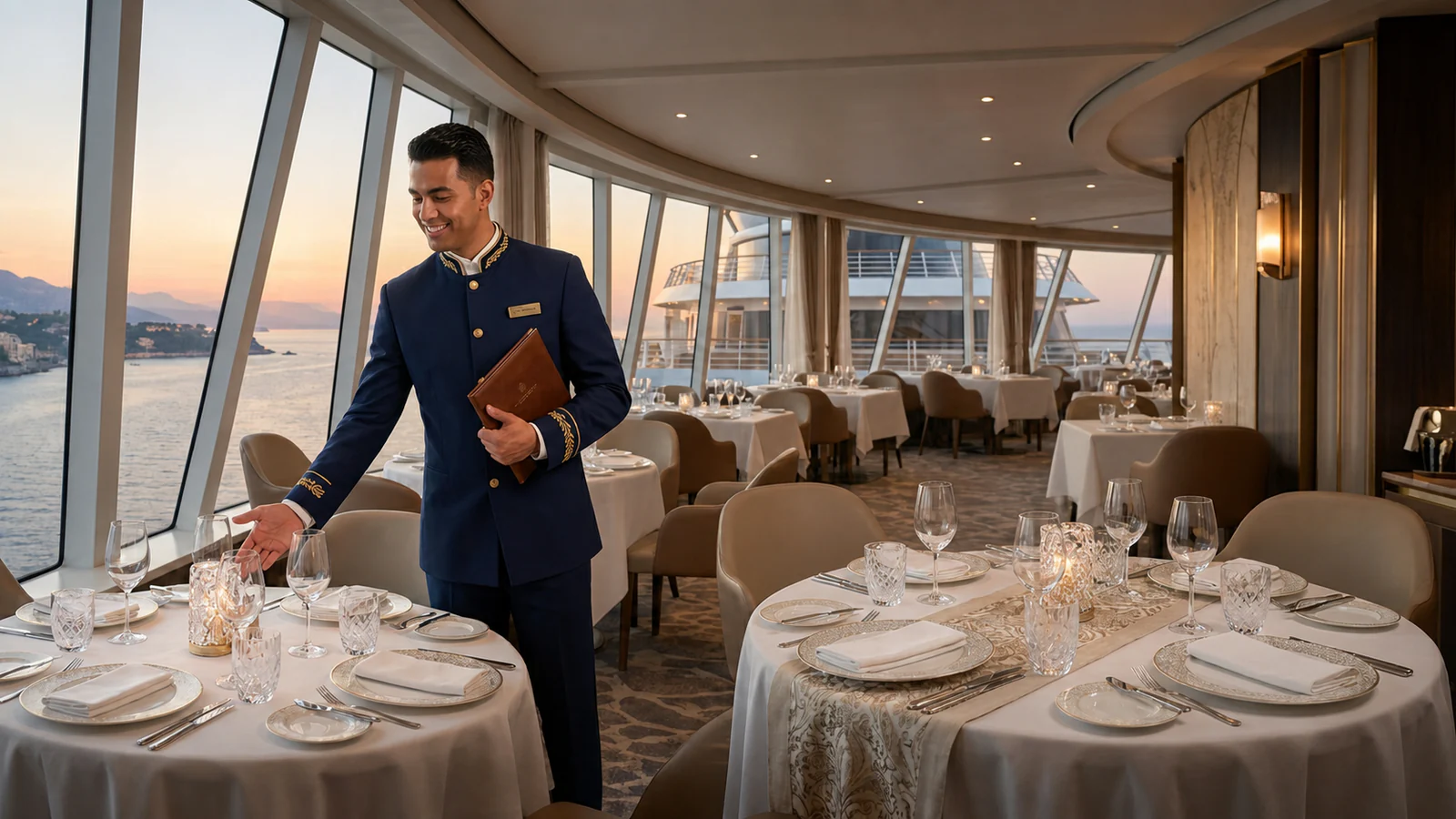 Empregado de mesa num restaurante de luxo a bordo de um navio de cruzeiro